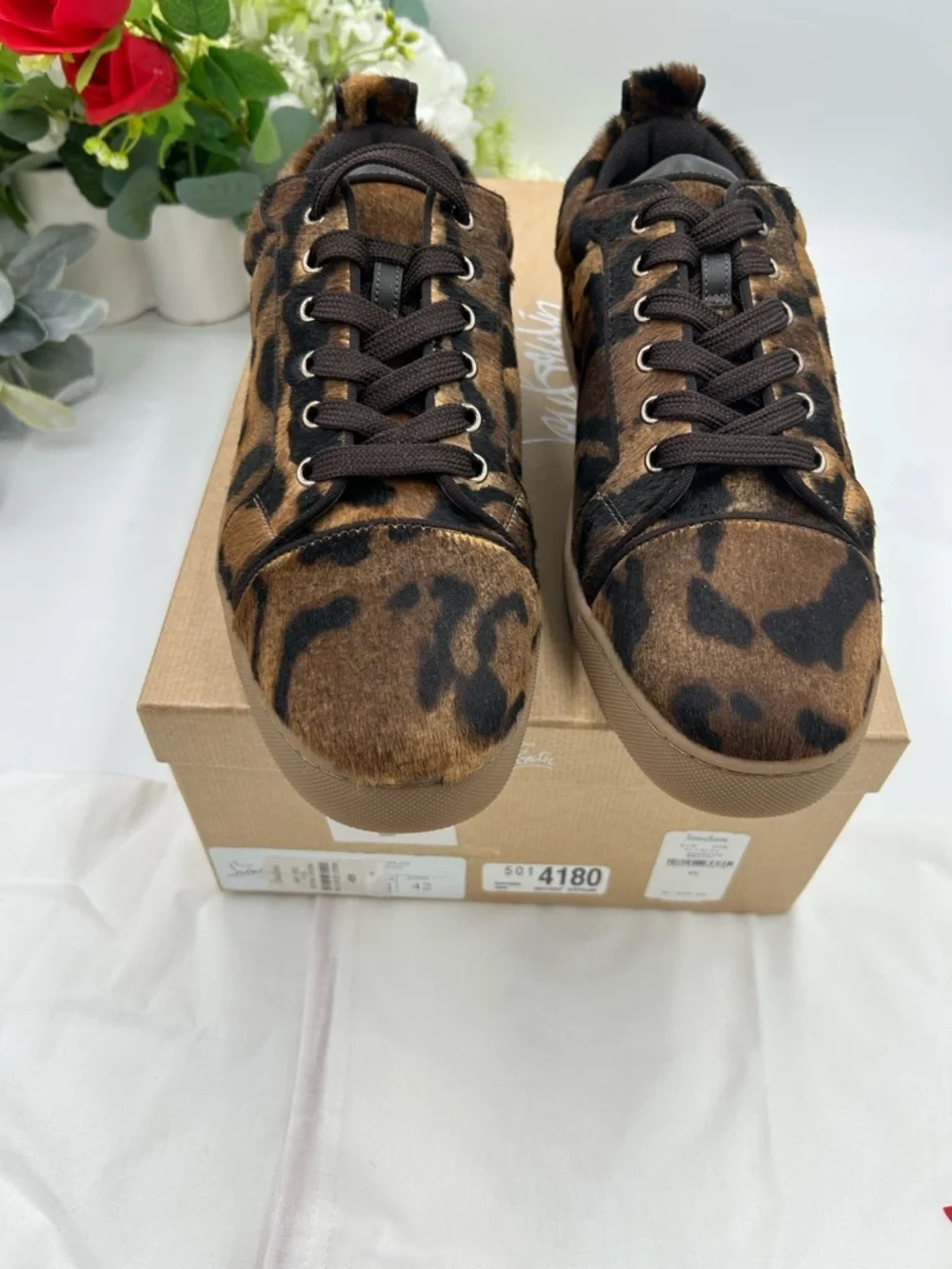 Men's Christian Louboutin Louis Jr leopard effect low top sneakers size 42
